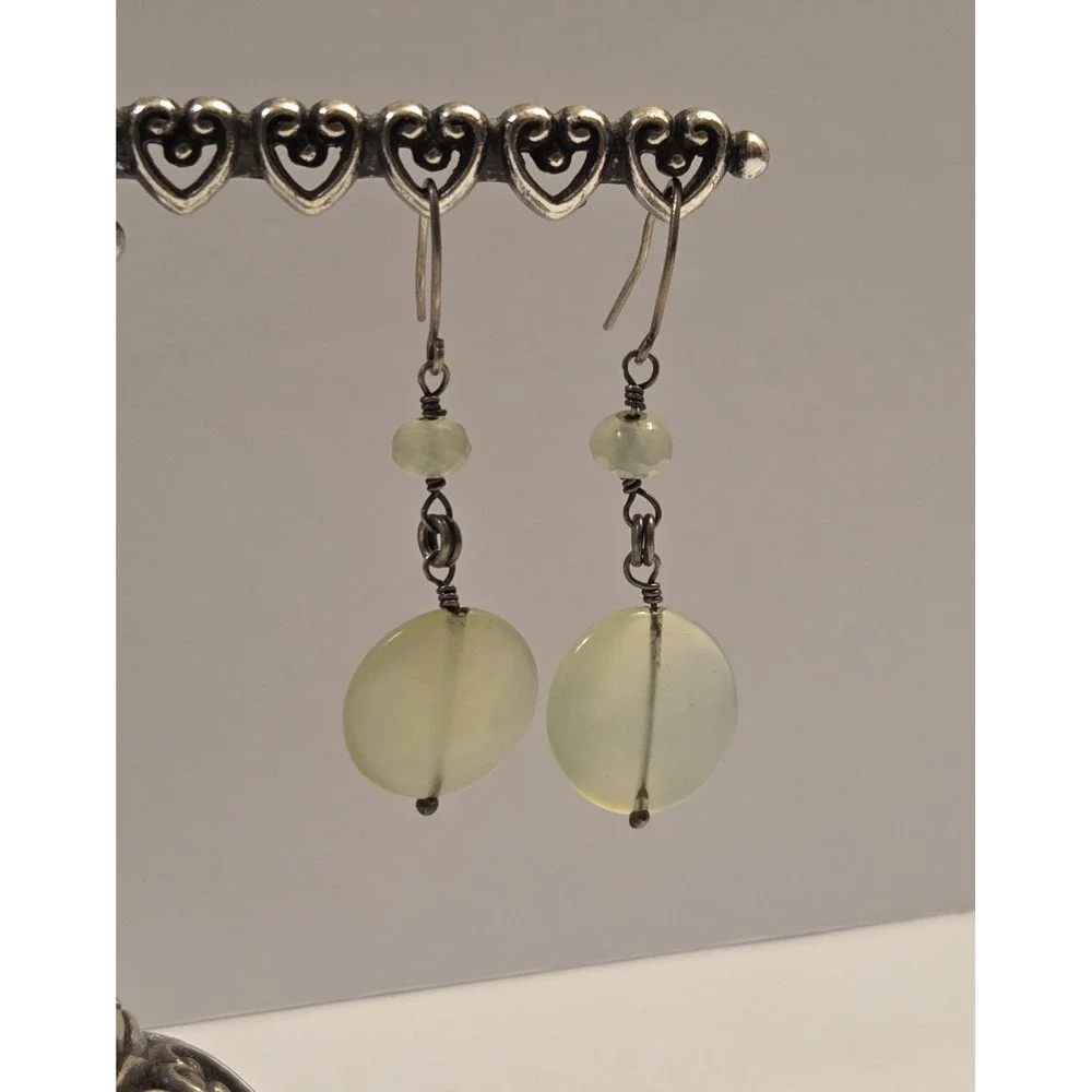 Vintage Sterling Silver Round Green Chalcedony Dangle Hook Earrings